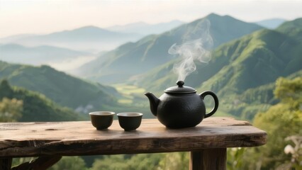 Steaming teapot and cups on wooden table with mountainous landscape in the background