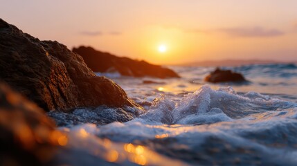 ocean cliff sunset background with golden light and waves