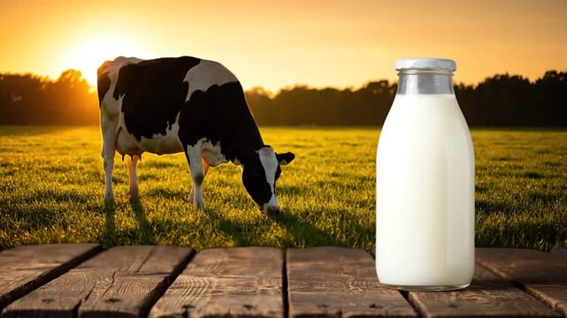 Fresh holstein cow grazing in a grassy field at sunset with a glass bottle of milk on a wooden surface