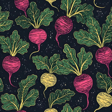 Turnips seamless pattern with leafy green tops, sketch style illustration, textured beige background, dotted accents, organic vegetable design.