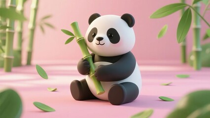 Cute cartoon panda sitting and holding a bamboo stalk in a pink forest setting