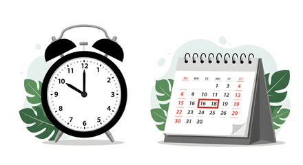 Alarm Clock and Desk Calendar Illustration with Leaves