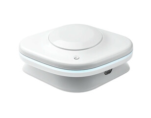 Small, white, square device with illuminated ring