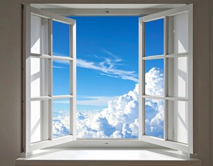 A bright, open window reveals a breathtaking view of a vast, cloud-filled sky.