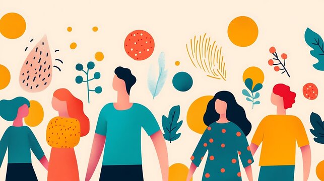 Collaborative energy concept, Colorful Artistic Group Illustration with Abstract Elements and Shapes