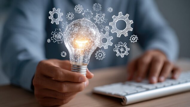 Innovation and Technology Concept Glowing Lightbulb Gears Symbolizing Ideas.