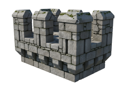 Stone castle wall section isolated on transparent background, a medieval architecture element for design and construction, showcasing its texture and structure