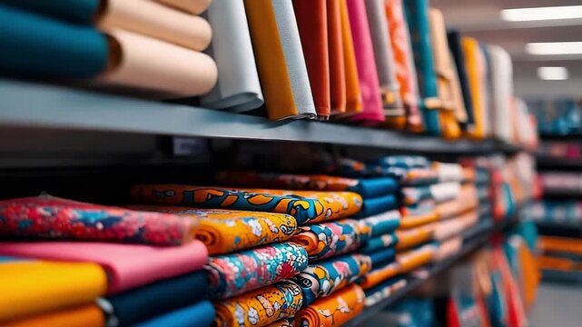 Colorful folded fabrics stacked on shelves in a fabric store.