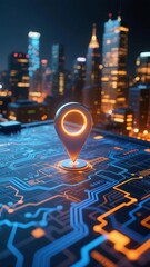 Digital location pin glowing on a circuit board with city skyline in the background at night