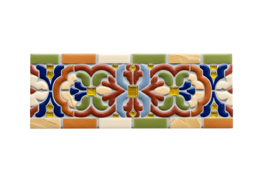 Colorful decorative tile border isolated on transparent background, showcasing intricate floral patterns and vibrant hues, perfect for adding a touch of mediterranean flair