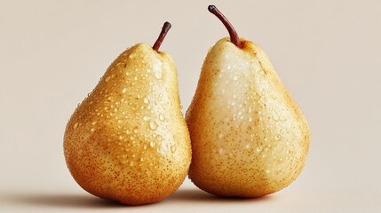 Two ripe pears, speckled with droplets, stand side by side on a neutral background