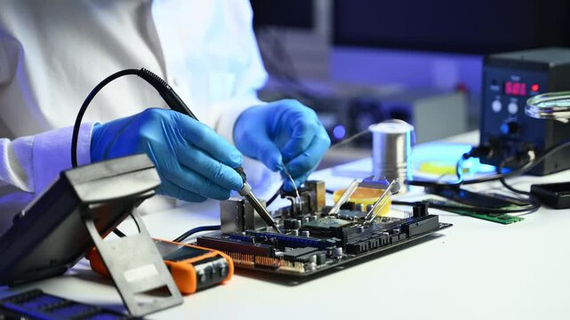 The technician repairing the motherboard in the lab with copy space. the concept of computer hardware, mobile phone, electronic, repairing, upgrade