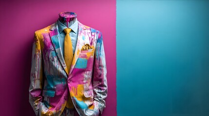 Bunter Anzug vor geteiltem Hintergrund – farbenfrohe KI-Mode