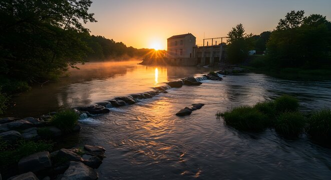 Sunrise over river and old mill - Powered by Adobe