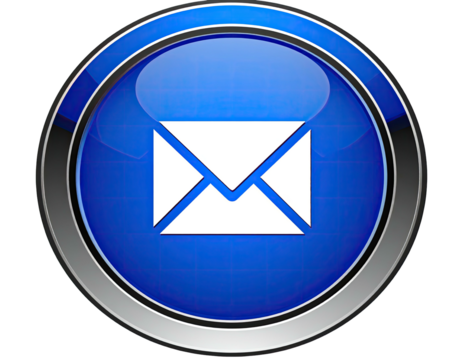 Glossy, round, blue button with a white envelope icon.  Metallic silver border (1)