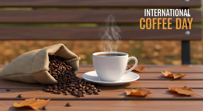 Steaming cup of coffee and spilled beans on a wooden table with autumn leaves, celebrating International Coffee Day.