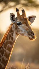 Naklejka premium Close Up of Giraffe Head and Neck in Warm Sunlight