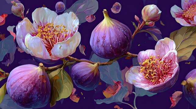 figs decorated with leaves and flowers falling on a purple background.