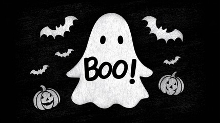 Minimalist cute ghost saying "Boo!" in spooky adorable font with tiny bats and pumpkins, heather black t-shirt design using negative space screen print style.