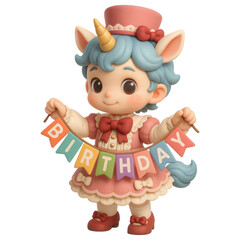 Fototapeta premium Cute Unicorn Character Celebrating Birthday with Colorful Banner Decoration
