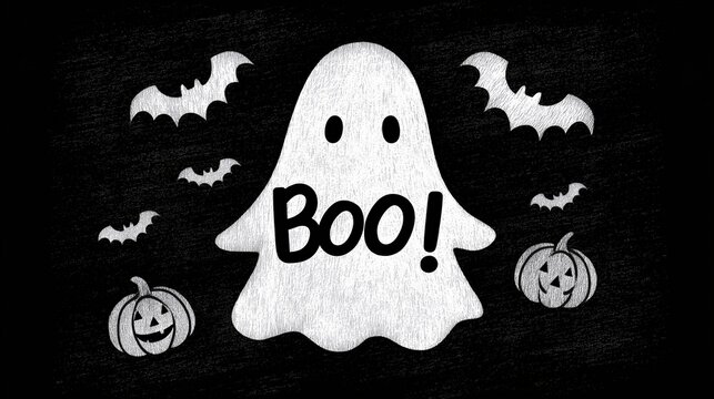 Minimalist cute ghost saying "Boo!" in spooky adorable font with tiny bats and pumpkins, heather black t-shirt design using negative space screen print style.