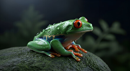 Fototapeta premium Red-Eyed Tree Frog on Rock - A Vibrant Amphibian Portrait.