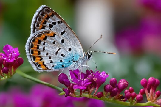 Butterfly with blue and orange wings on purple flower - Powered by Adobe