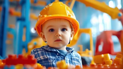 A toddler wearing a yellow construction helmet sits among colorful toy building blocks, looking at the camera.