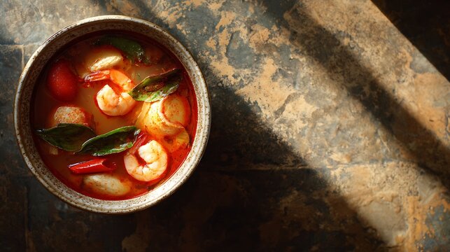 Tom Yum Goong in a bowl viewed from above perspective