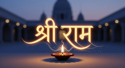 Temple Silhouette Embraces A Single Diya Beneath Shri Ram For Diwali, Uniting Architecture, Faith, And A Tranquil Blue Dusk To Honor Prayerful Beginnings And The Gentle Promise Of Luminous Hope.