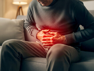 Stomach pain and belly pain, holding stomach