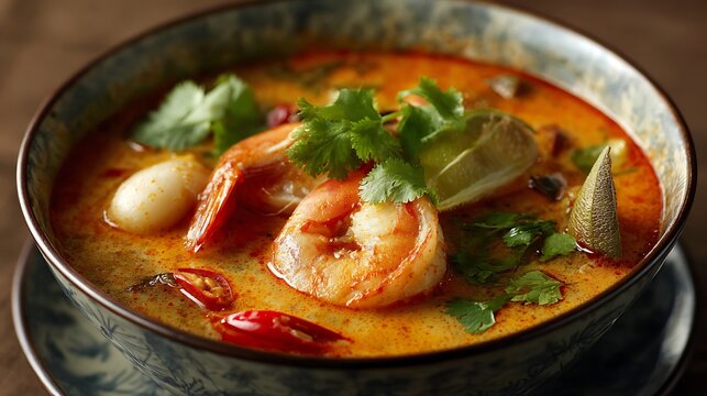 Tom Yum Goong in a bowl with creamy rich texture