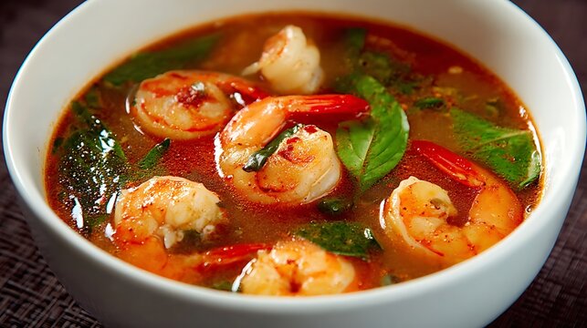 Tom Yum Goong in a bowl with shrimp arranged neatly