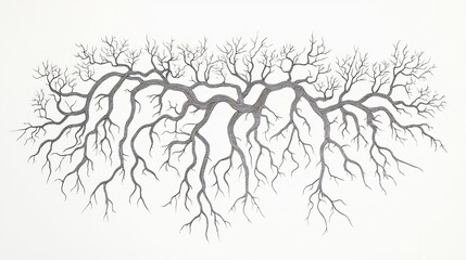 Minimalist line art of plant roots mycorrhizal networks on white
