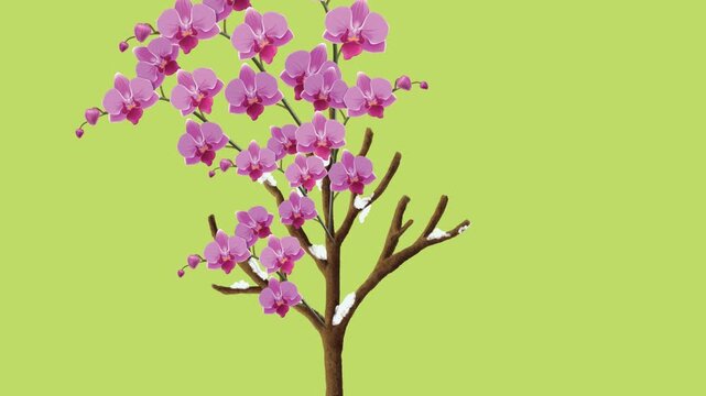 draw leafless tree of pink flower with bud on green screen background
