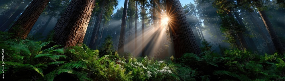 Poster sun shining through treetops with lens flare concept. sunlight filters through tall trees in a peace