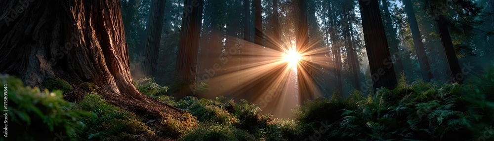 Poster sun shining through treetops with lens flare concept. sunlight filters through trees in a serene for
