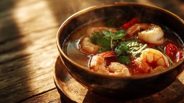 Tom Yum Goong in a bowl golden sunset lighting