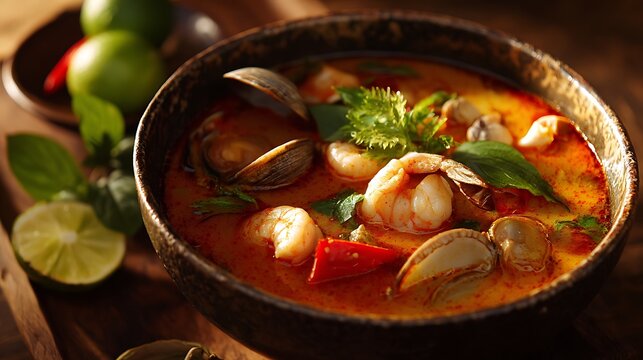Tom Yum Goong in a bowl golden sunset lighting