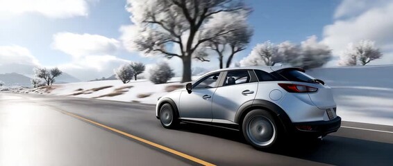 A sporty car journeys along a snowy road surrounded by winter trees under a bright sky - Powered by Adobe