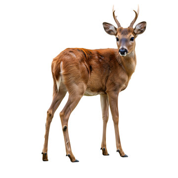 Majestic young buck with small antlers stands elegantly, turning to gaze with soulful eyes, highlighting natural beauty and wilderness spirit.