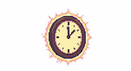 Pixel art clock with a glowing orange aura, showing the time around one o'clock, on a white background.
