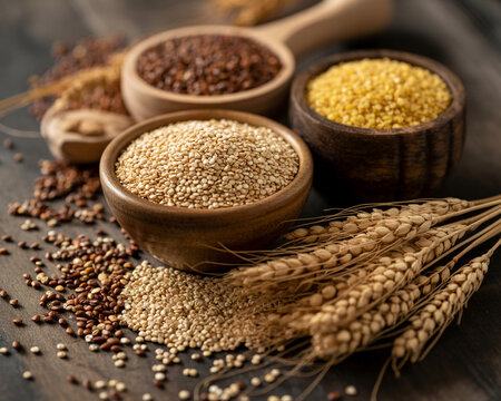 Assorted Grains and Wheat Stalks in Wooden Bowls quinoa - Powered by Adobe