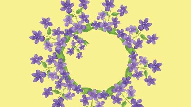 draw bunch of purple flower decorate with green leaf and colourful butterfly in circular shape on yellow screen background
