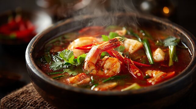 Tom Yum Goong in a bowl steaming hot fresh style