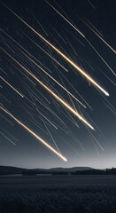 Meteor shower streaks night sky over rural landscape