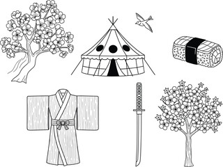 Japanese cultural elements illustration, traditional kimono, katana, sushi roll, cherry blossom tree, hand-drawn sketch, Asian theme, black and white