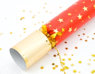 Red and gold party cracker on white background