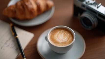 detailed top view of a coffee shop table with latte, croissant, a handwritten journal, black fountain pen, and vintage film camera