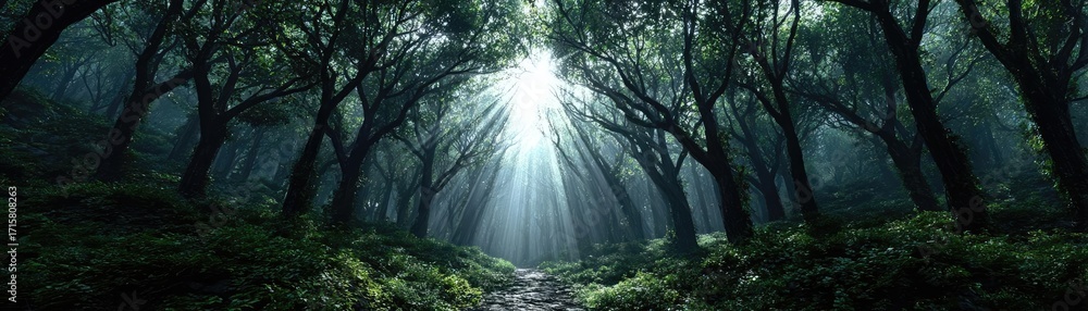 Poster sun shining through treetops with lens flare concept. a serene forest scene with sunlight filtering 